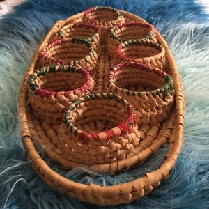 Vintage woven palm grass wicker beverage tray